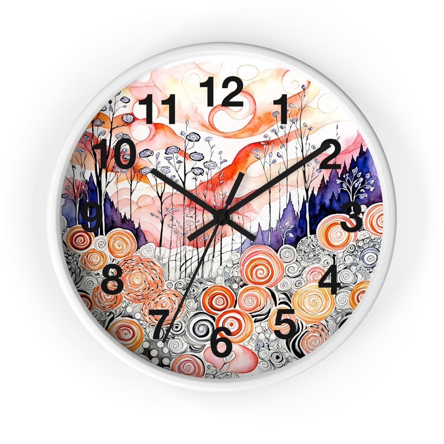 Whimsical Swirl Garden Wall Clock | Abstract Floral Landscape