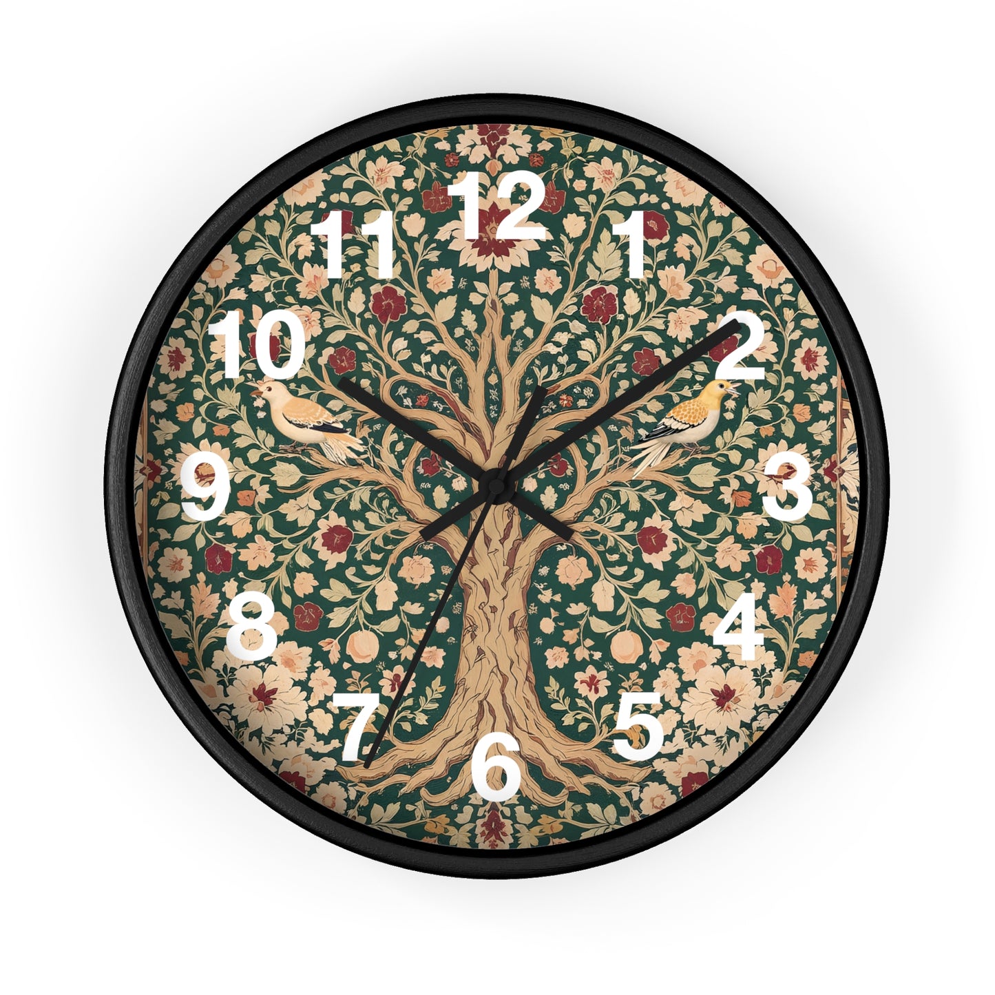 Floral Tree of Life Wall Clock | Vintage Botanical Design, Green & Red