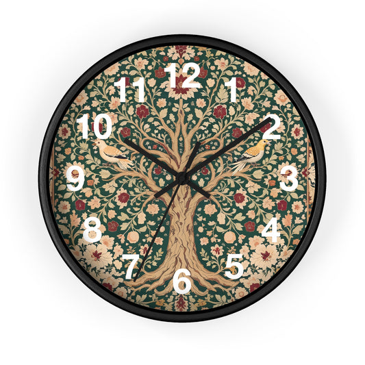 Floral Tree of Life Wall Clock | Vintage Botanical Design, Green & Red