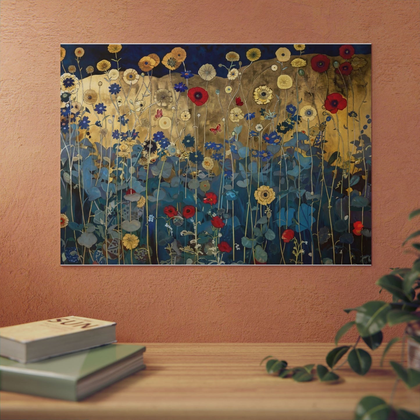 Floral Field Aluminum Art Panel — Gold & Teal Wildflower Wall Decor