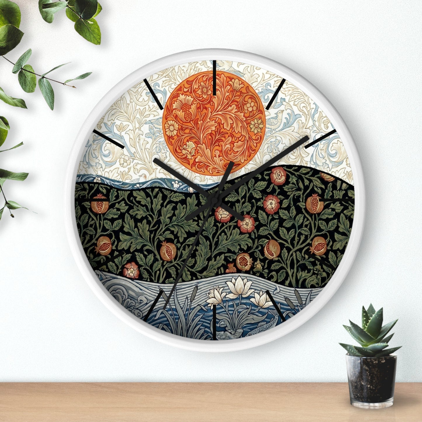 William Morris Style Floral Sun Wall Clock | Botanical Art Clock