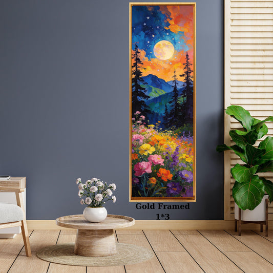 Panoramic Boho Mountain Landscape Canvas Wall Art, Framed Canvas Japanese Style Mid Century Exhibition Large Modern Living Room Decor
