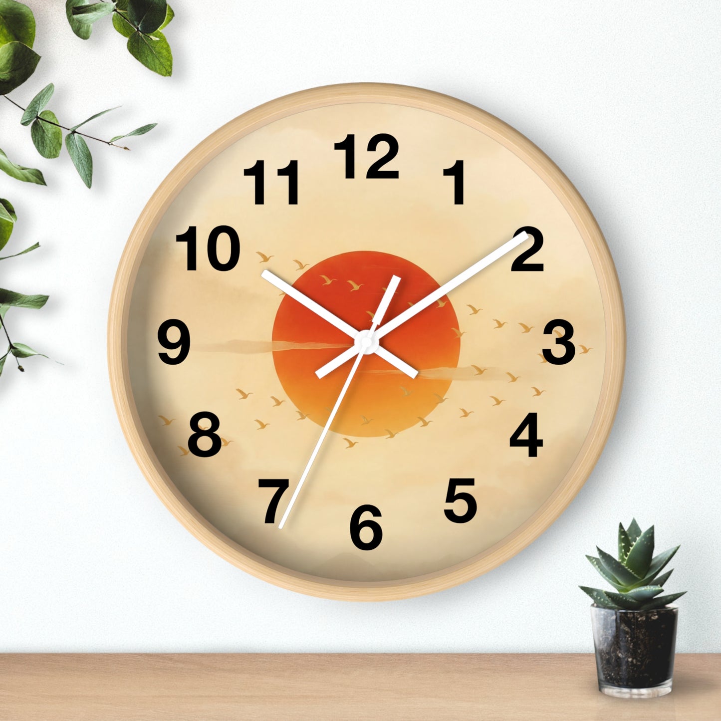 Sunset Sun with Flying Birds Wall Clock | Minimal Retro Sunrise Design