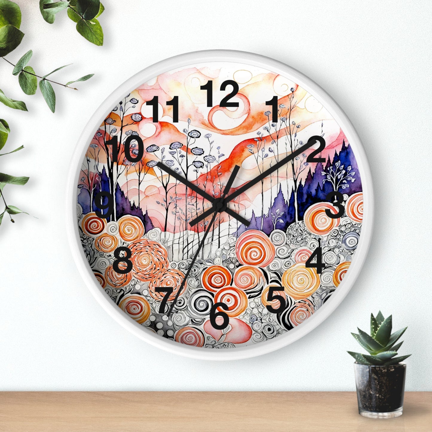 Whimsical Swirl Garden Wall Clock | Abstract Floral Landscape
