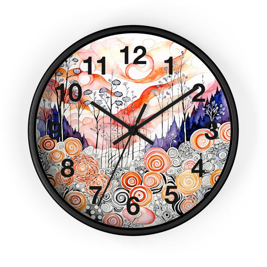 Whimsical Swirl Garden Wall Clock | Abstract Floral Landscape