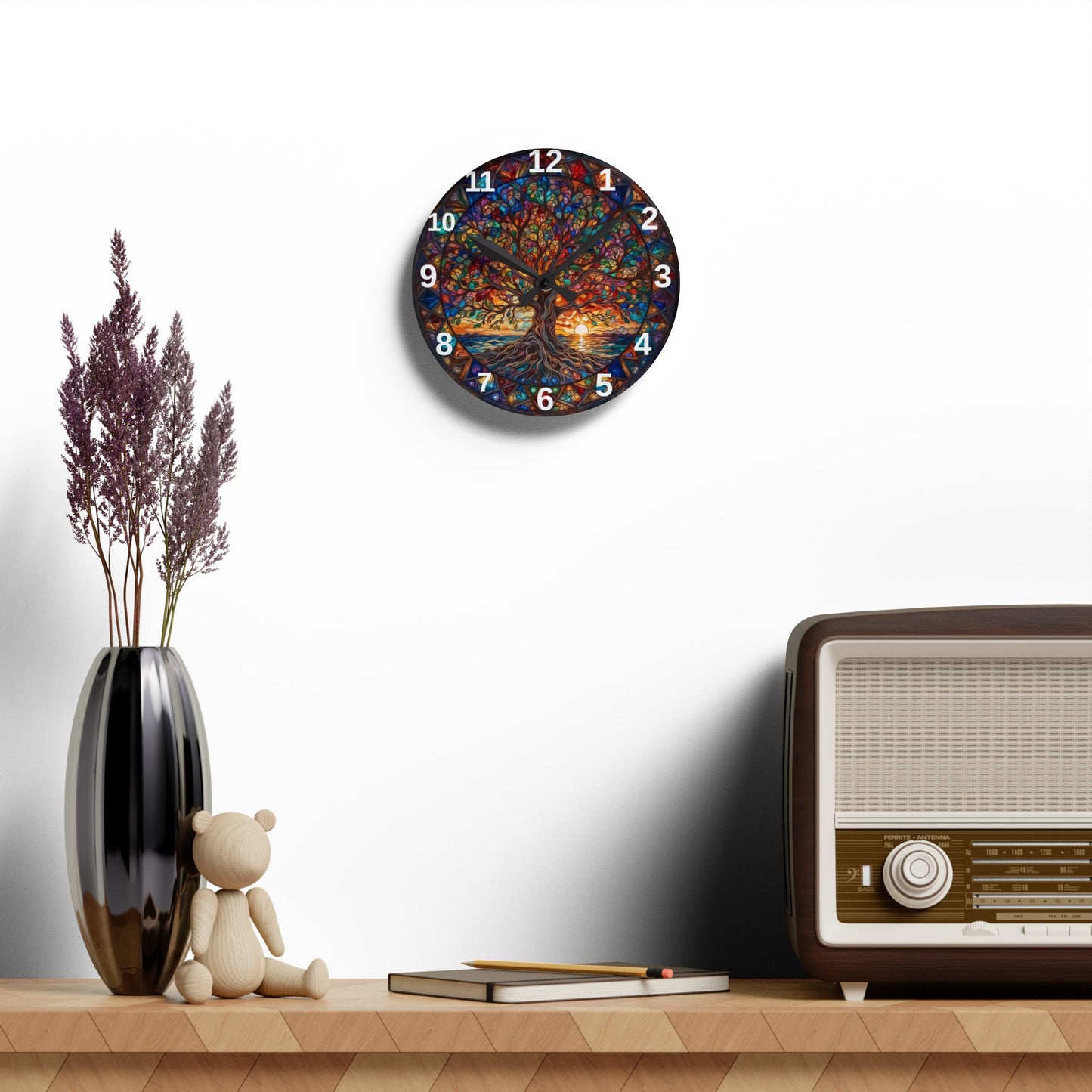 Stained Glass Tree of Life Acrylic Wall Clock | Colorful Sunset Nature Decor