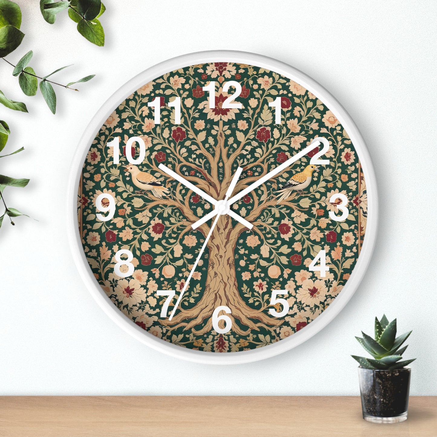 Floral Tree of Life Wall Clock | Vintage Botanical Design, Green & Red