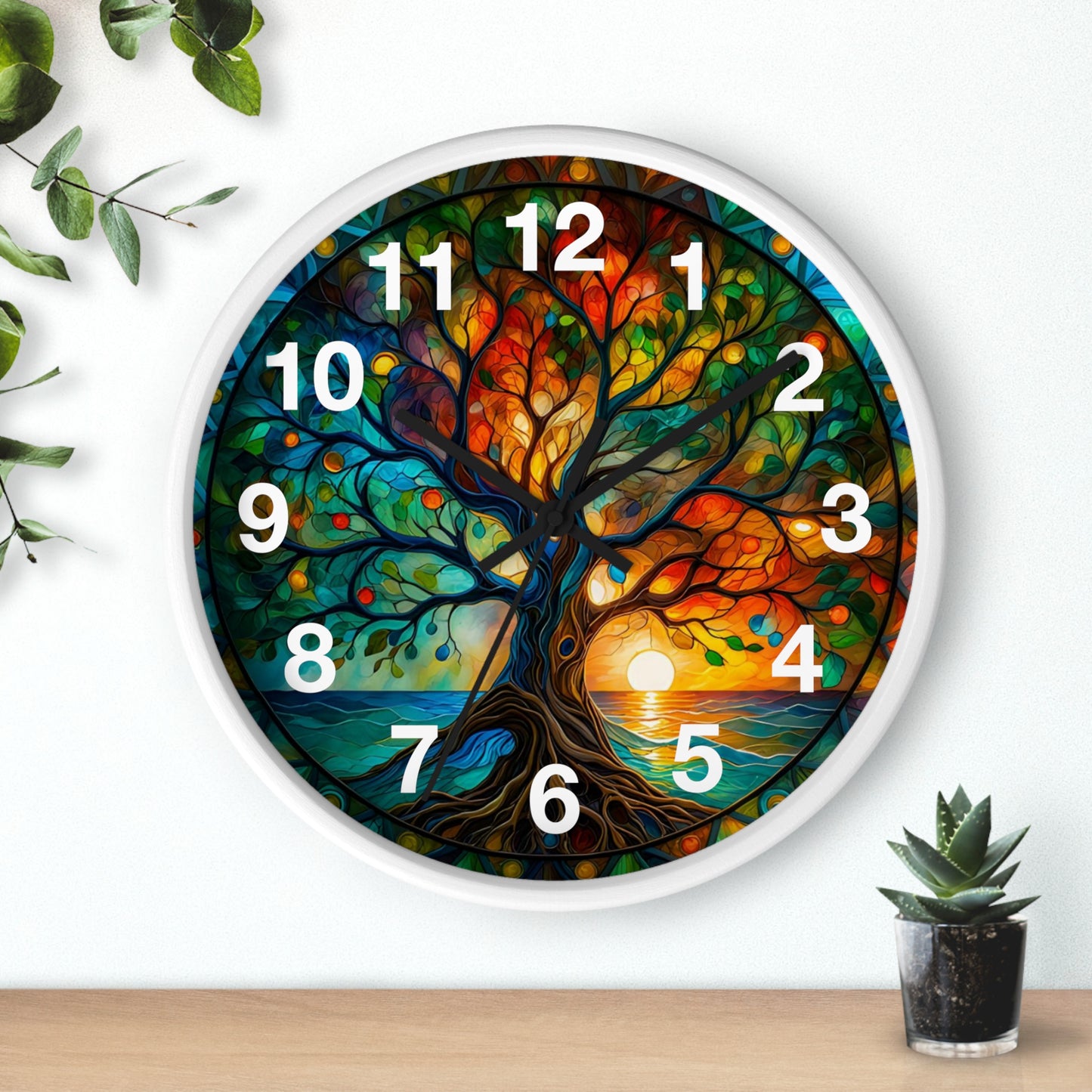 Stained Glass Tree of Life Wall Clock | Colorful Sunset Nature Decor