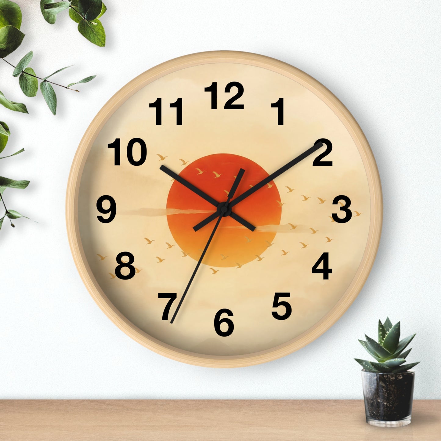 Sunset Sun with Flying Birds Wall Clock | Minimal Retro Sunrise Design