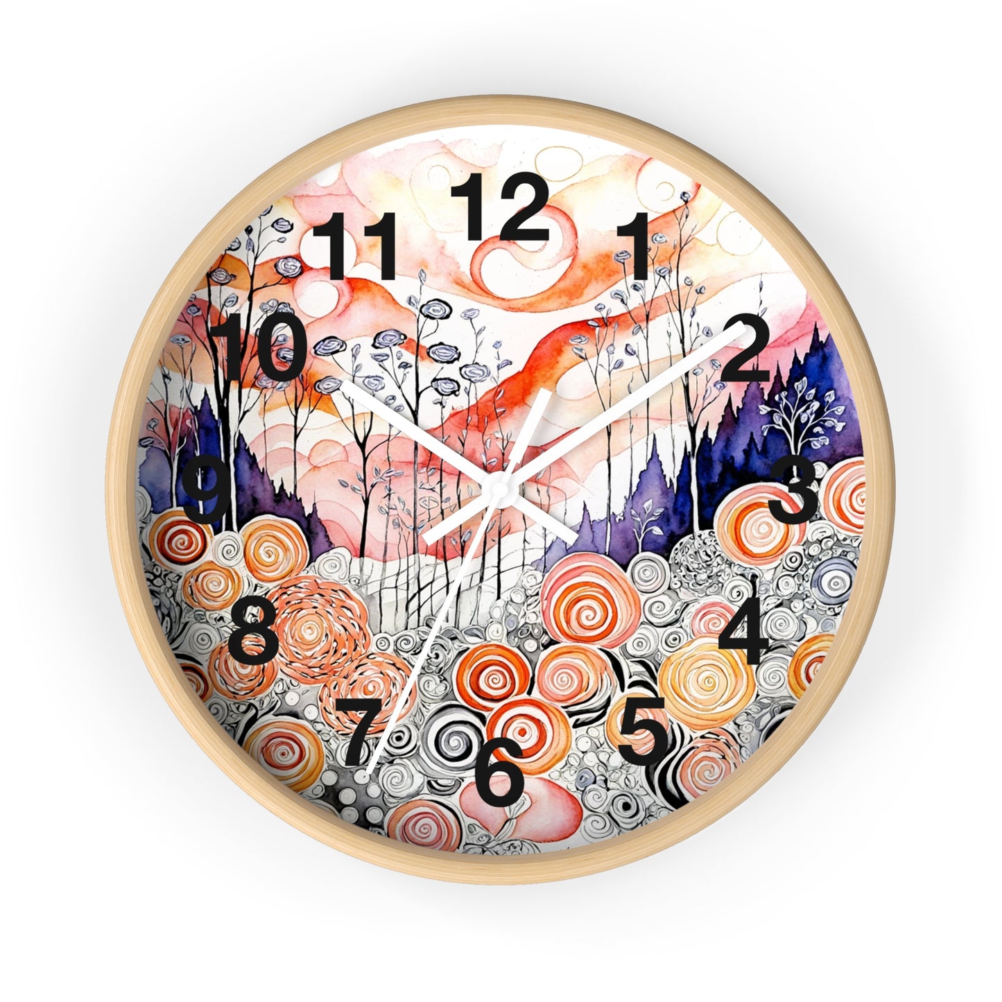 Whimsical Swirl Garden Wall Clock | Abstract Floral Landscape