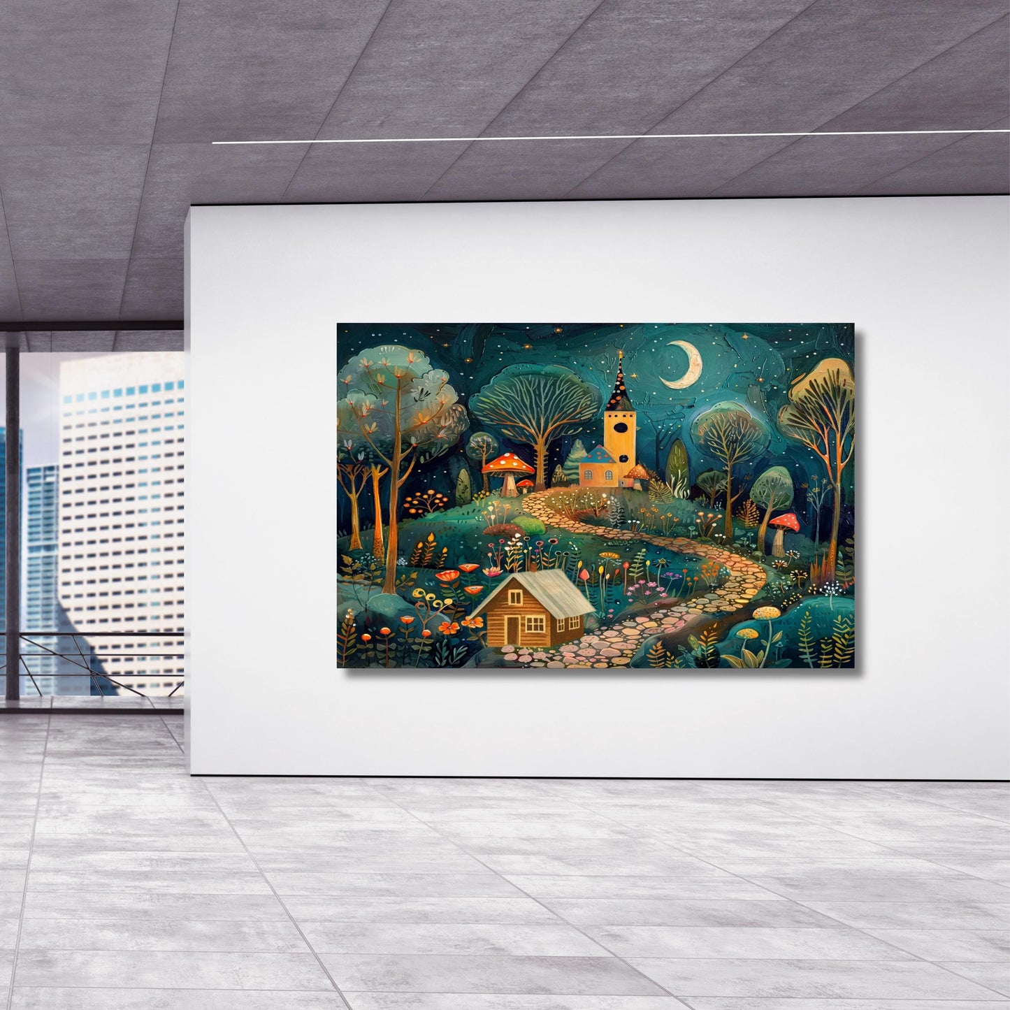 Klimt Style Whimsical Night Village Canvas Wall Art – Moonlit Forest Landscape Fantasy Decor