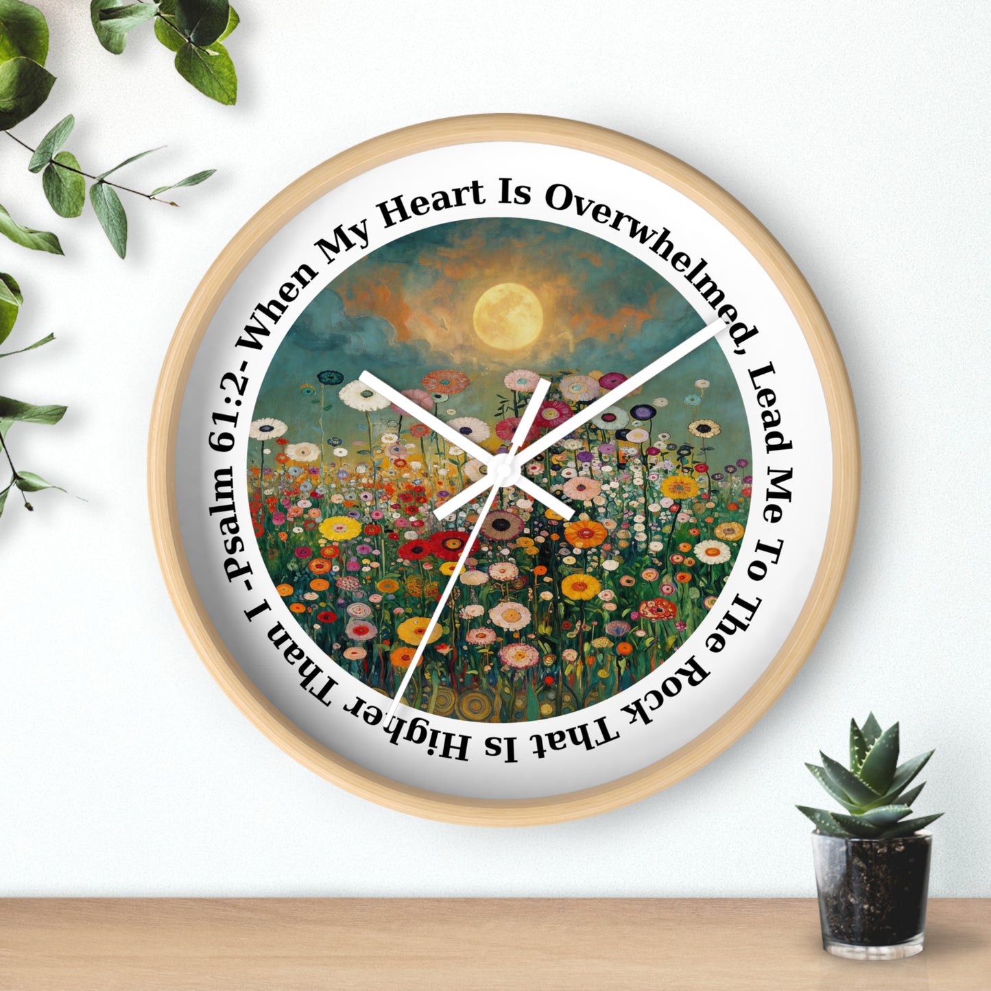 Moonlit Wildflower Field Wall Clock | Psalm 61:2 Scripture Clock