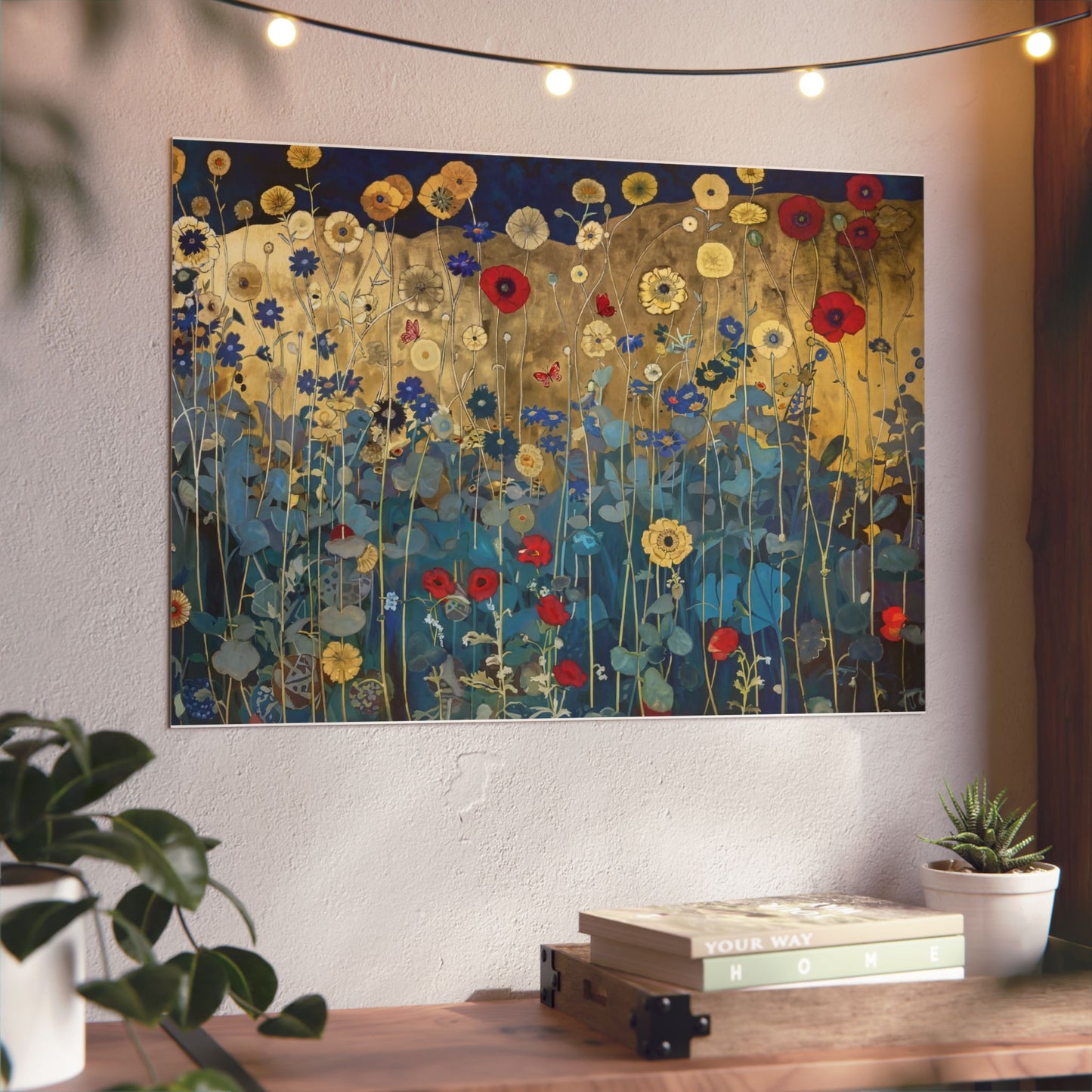 Floral Field Aluminum Art Panel — Gold & Teal Wildflower Wall Decor