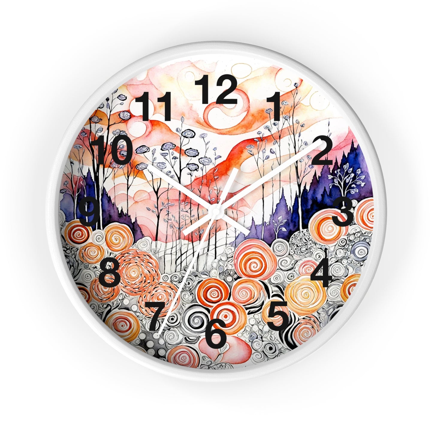 Whimsical Swirl Garden Wall Clock | Abstract Floral Landscape