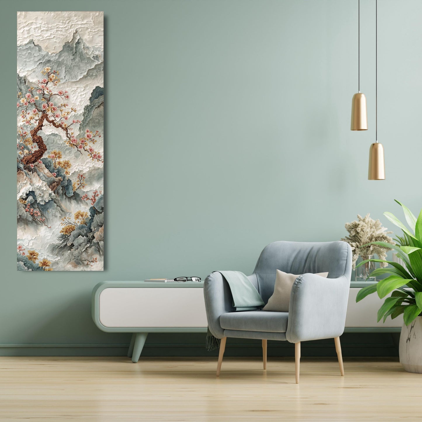 Long Narrow Golden Floral Abstract Canvas Art, Japanese Cherry Blossom & Foggy Mountain Tall Narrow Wall Art