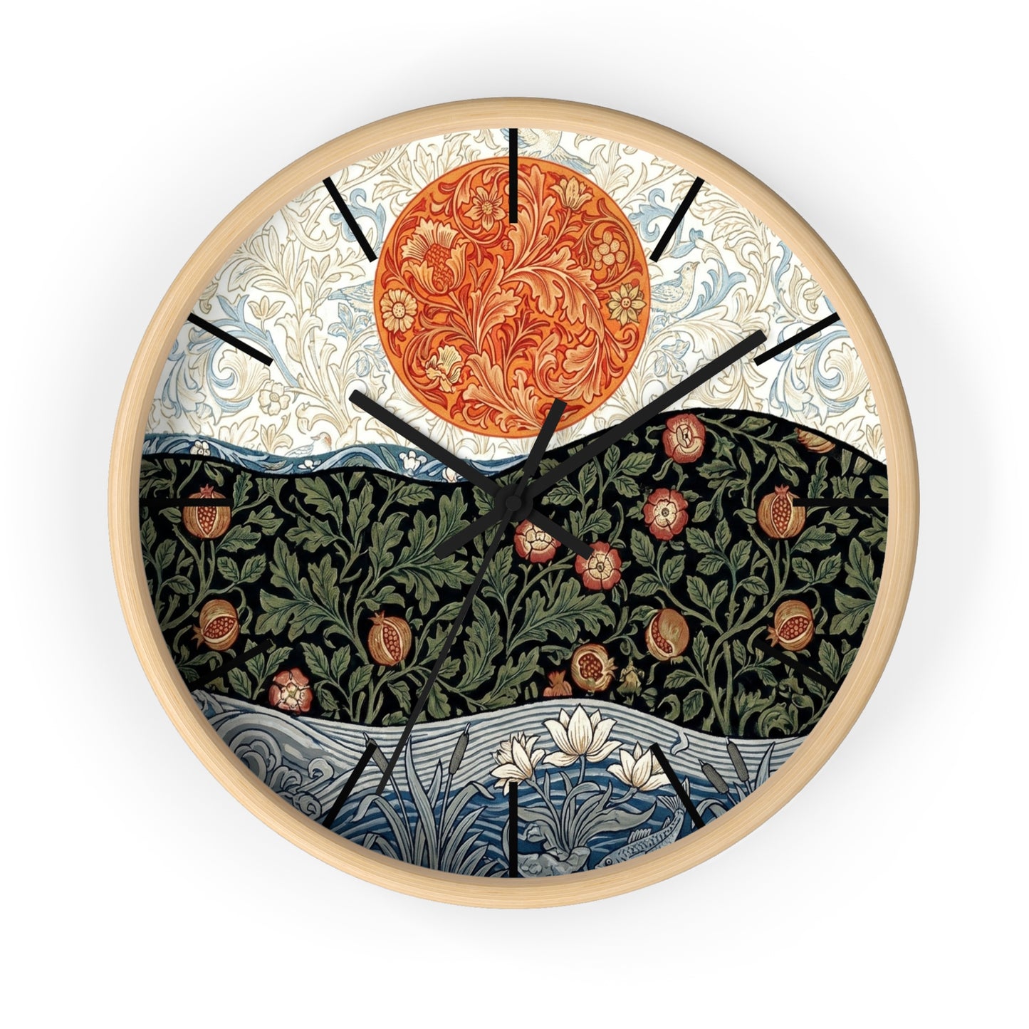 William Morris Style Floral Sun Wall Clock | Botanical Art Clock