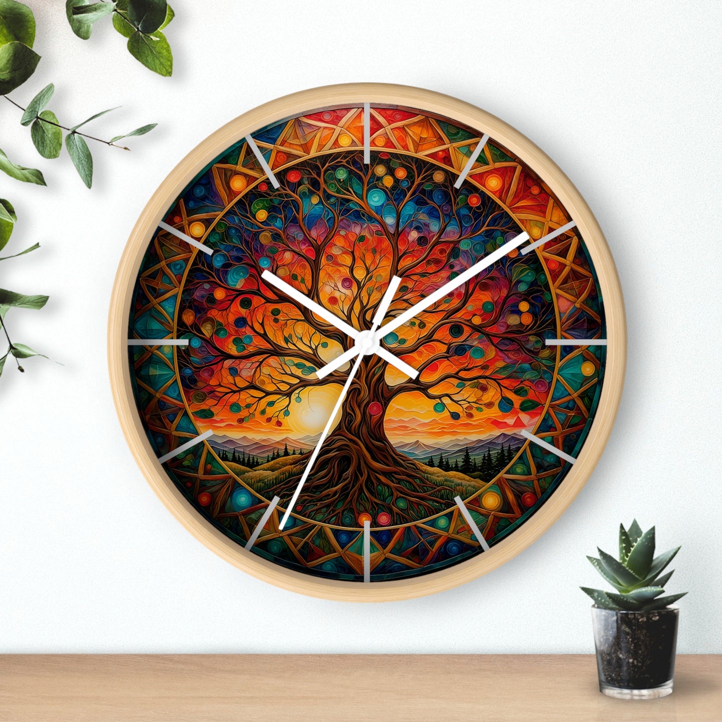 Colorful Tree of Life Wall Clock | Stained Glass Mandala, Sunset Landscape