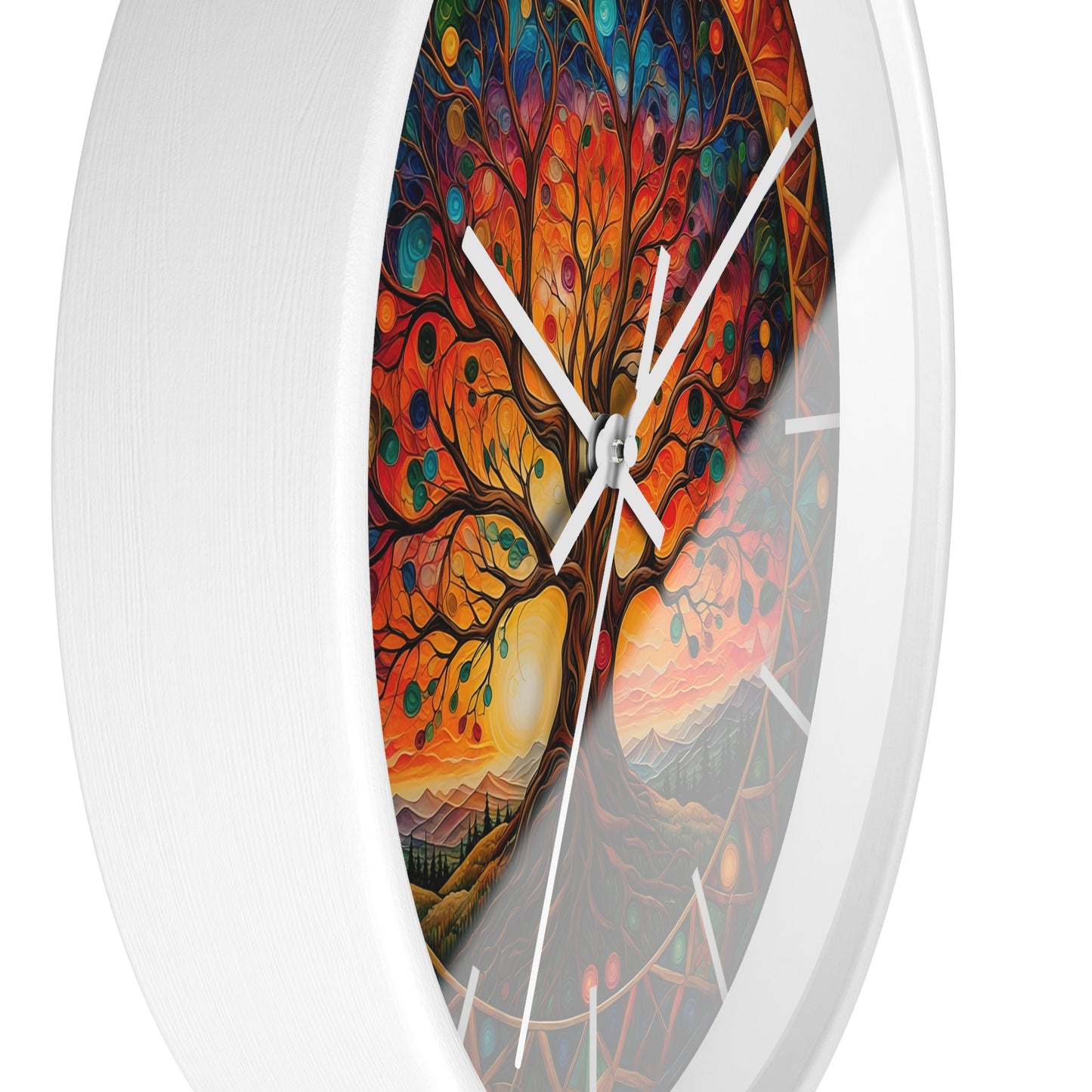 Colorful Tree of Life Wall Clock | Stained Glass Mandala, Sunset Landscape