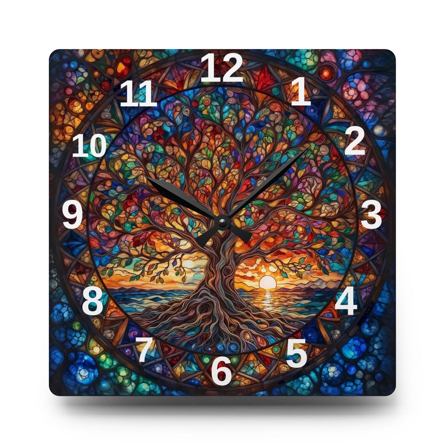 Stained Glass Tree of Life Acrylic Wall Clock | Colorful Sunset Nature Decor