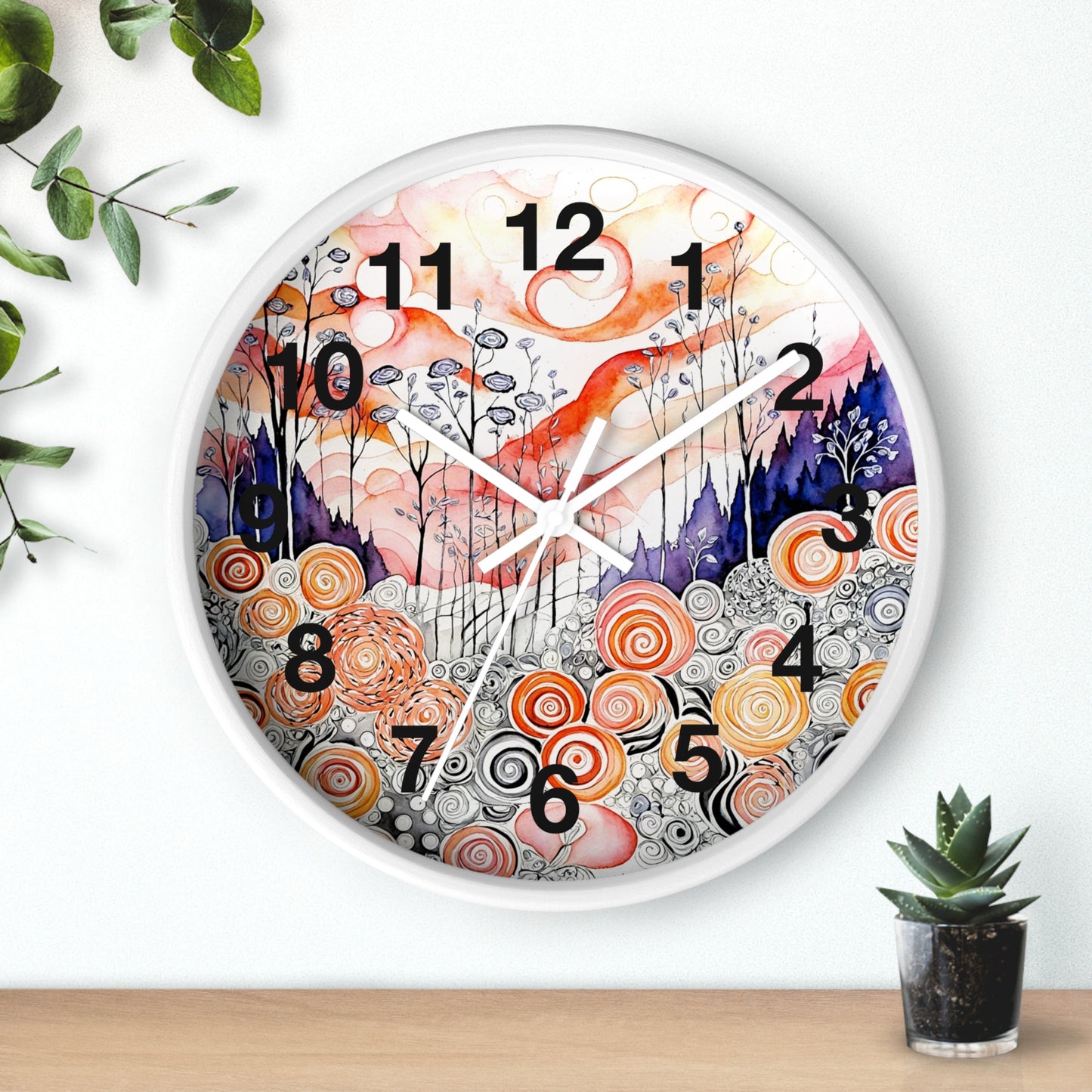 Whimsical Swirl Garden Wall Clock | Abstract Floral Landscape