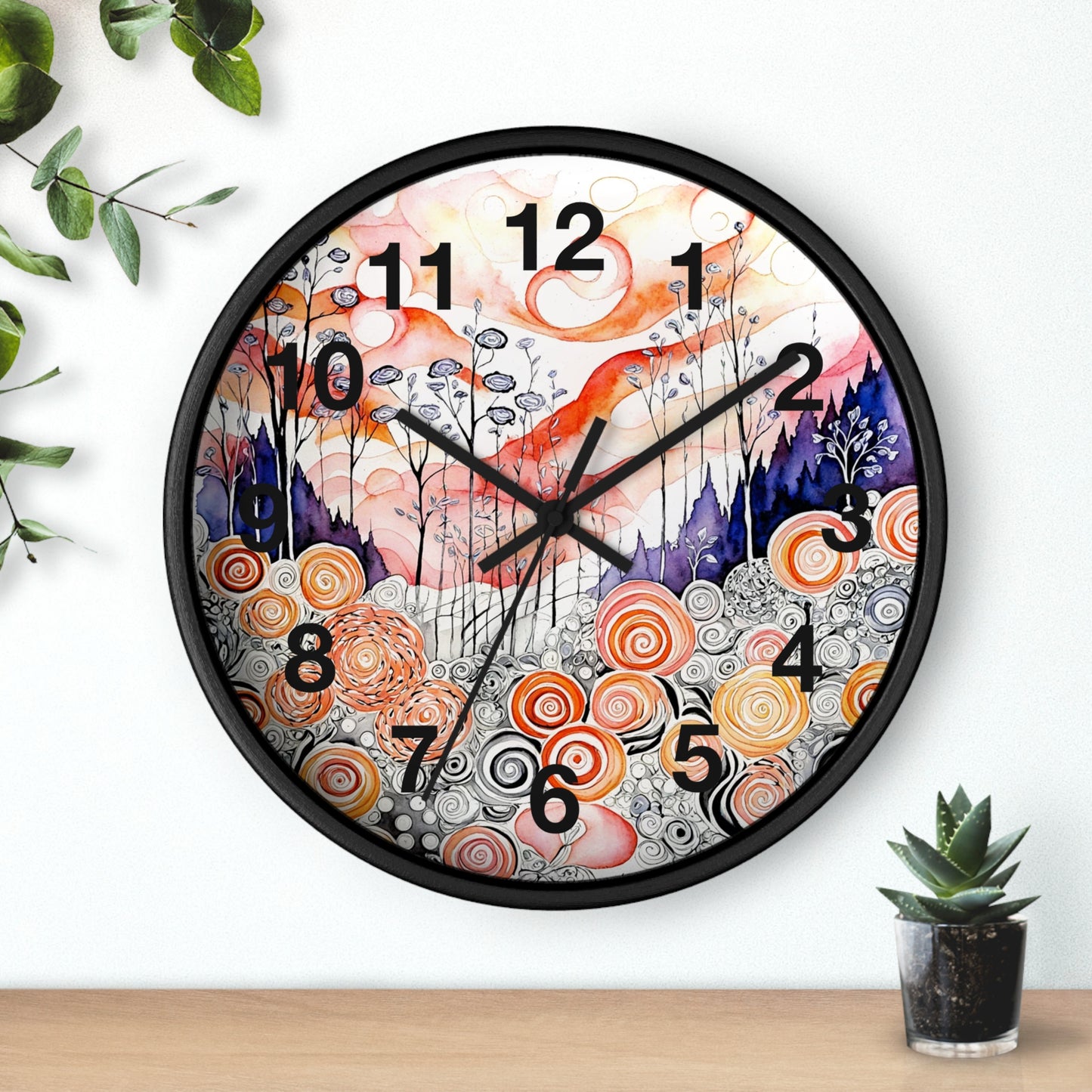 Whimsical Swirl Garden Wall Clock | Abstract Floral Landscape