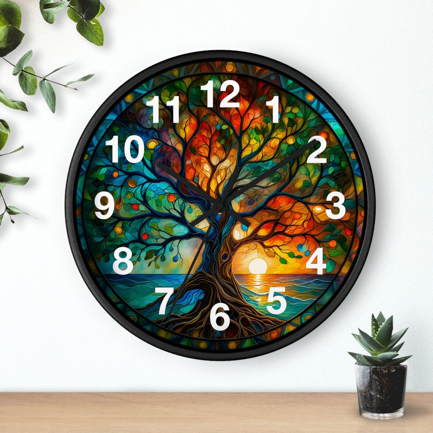 Stained Glass Tree of Life Wall Clock | Colorful Sunset Nature Decor