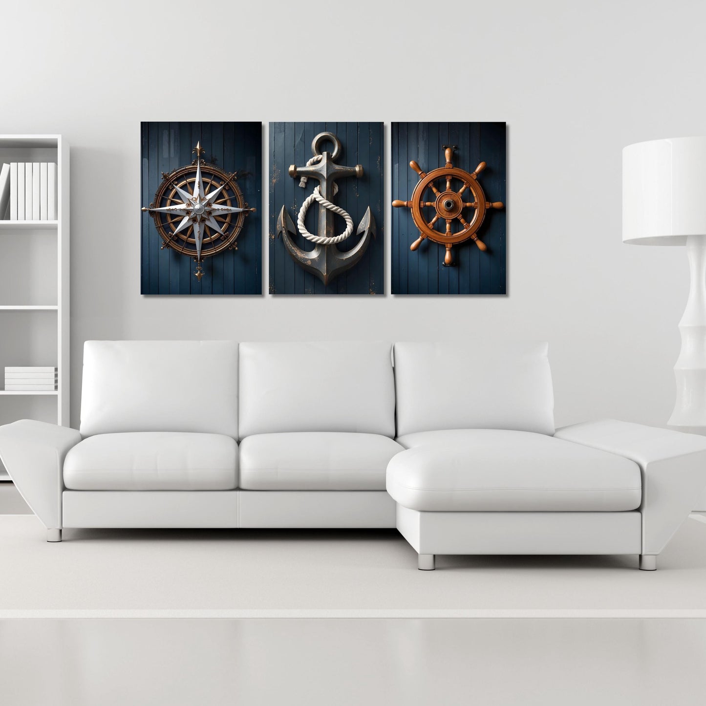 Nautical Canvas Wall Art Set of 3: Anchor, Compass, Helm Prints