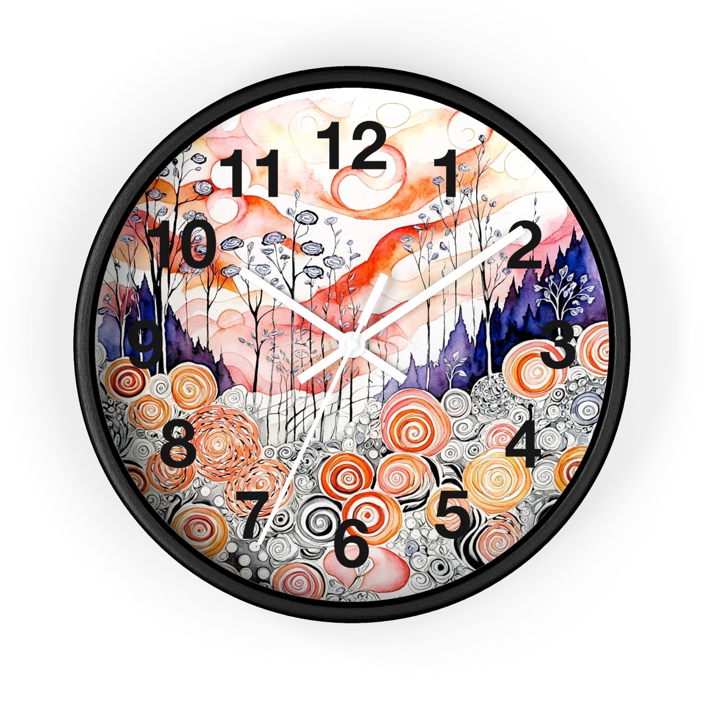 Whimsical Swirl Garden Wall Clock | Abstract Floral Landscape