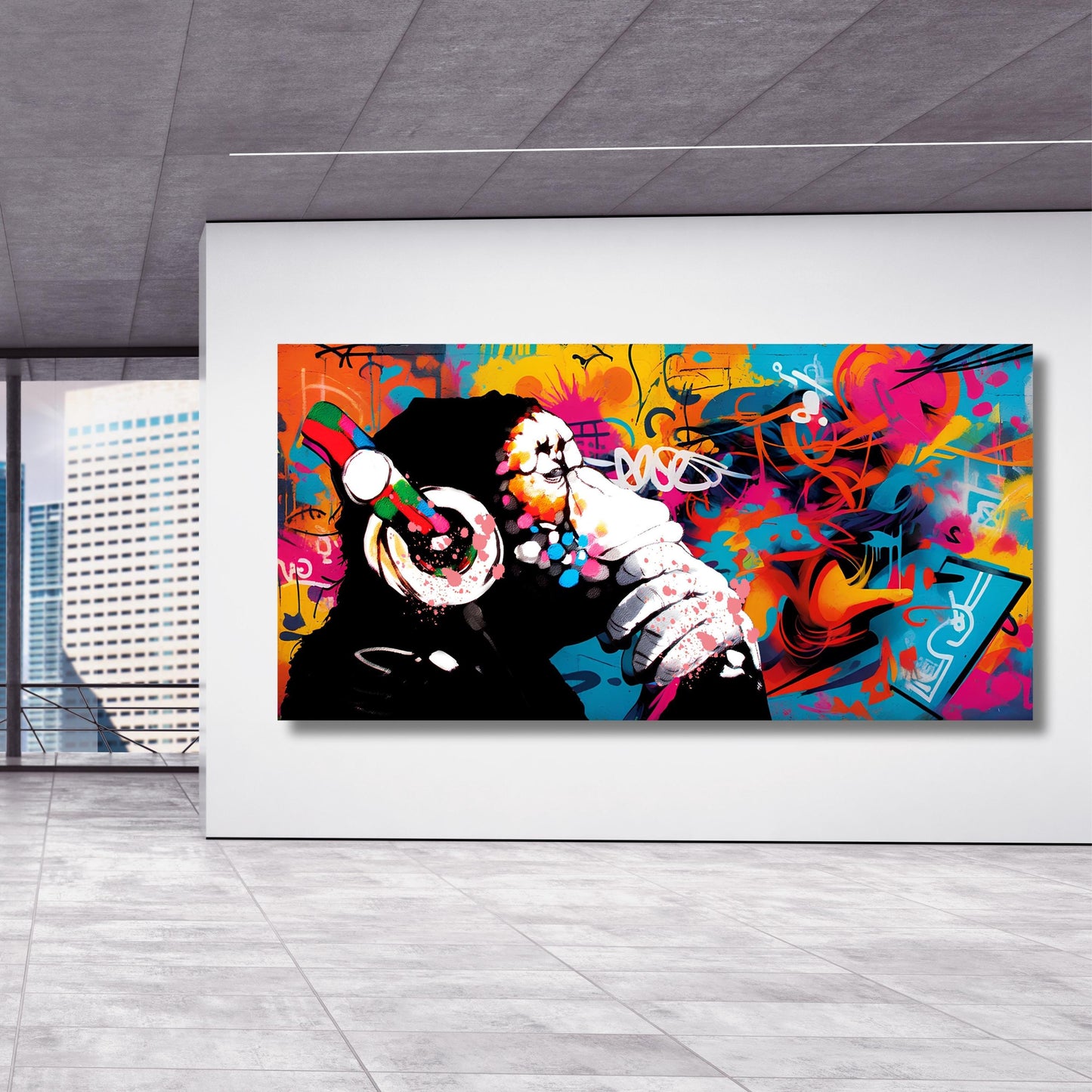 Banksy DJ Monkey Canvas Wall Art Banksy Thinking Monkey Music Thinker Graffiti Wall Art Extra Large Wall Art Gorilla Chimp Ready to Hang
