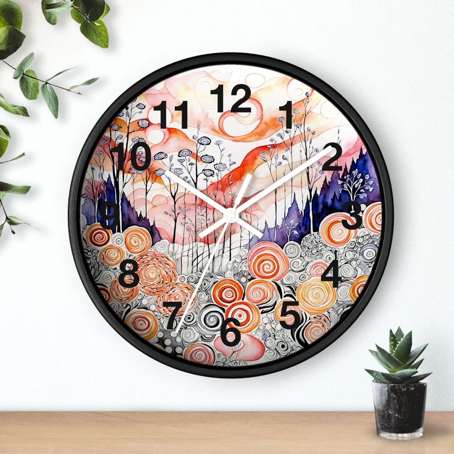 Whimsical Swirl Garden Wall Clock | Abstract Floral Landscape