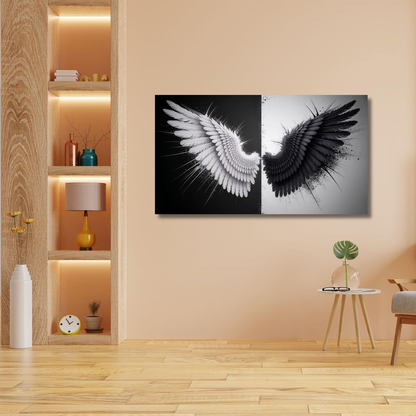 a modern living room with a large wall art piece depicting two wings, one white and one black, creating a striking contrast. The room is decorated with various items, including a clock, a vase, and a potted plant, adding to the overall aesthetic.