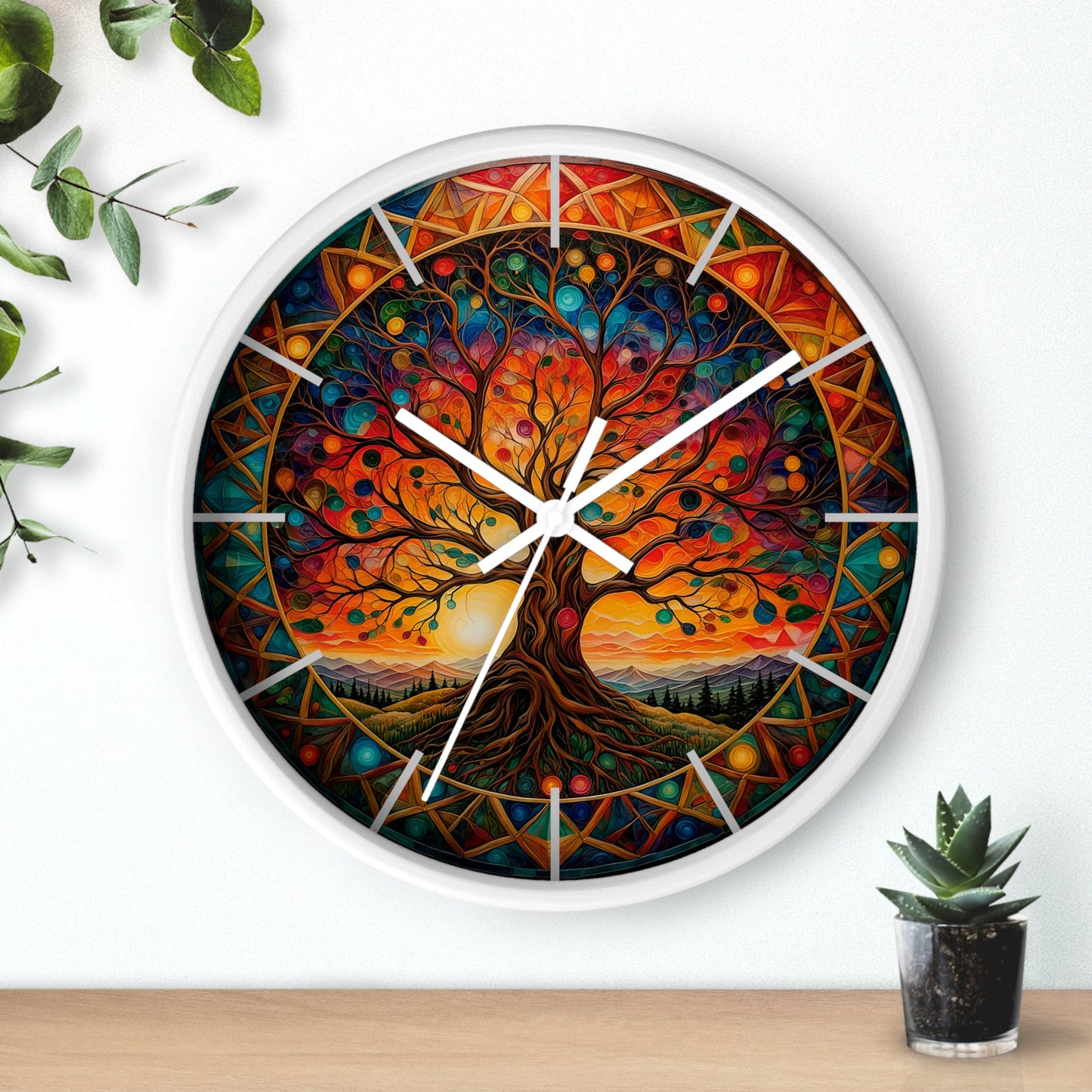 Colorful Tree of Life Wall Clock | Stained Glass Mandala, Sunset Landscape