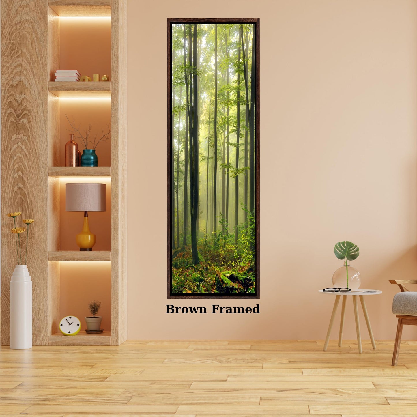 Long Canvas Foggy Forest Wall Art, Misty Pine Tree Panoramic Print, Vertical Woodland Nature Decor, Minimalist Green Forest Landscape Art