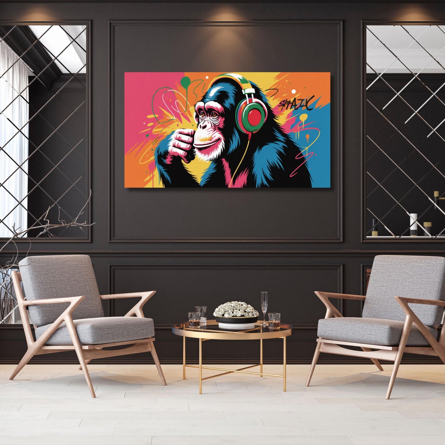 a vibrant, colorful painting of a monkey wearing headphones, which is displayed on a wall in a modern living room setting.
