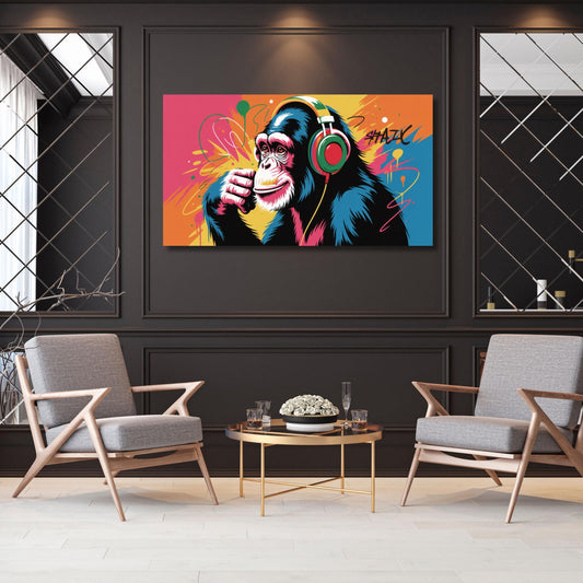 a vibrant, colorful painting of a monkey wearing headphones, which is displayed on a wall in a modern living room setting.