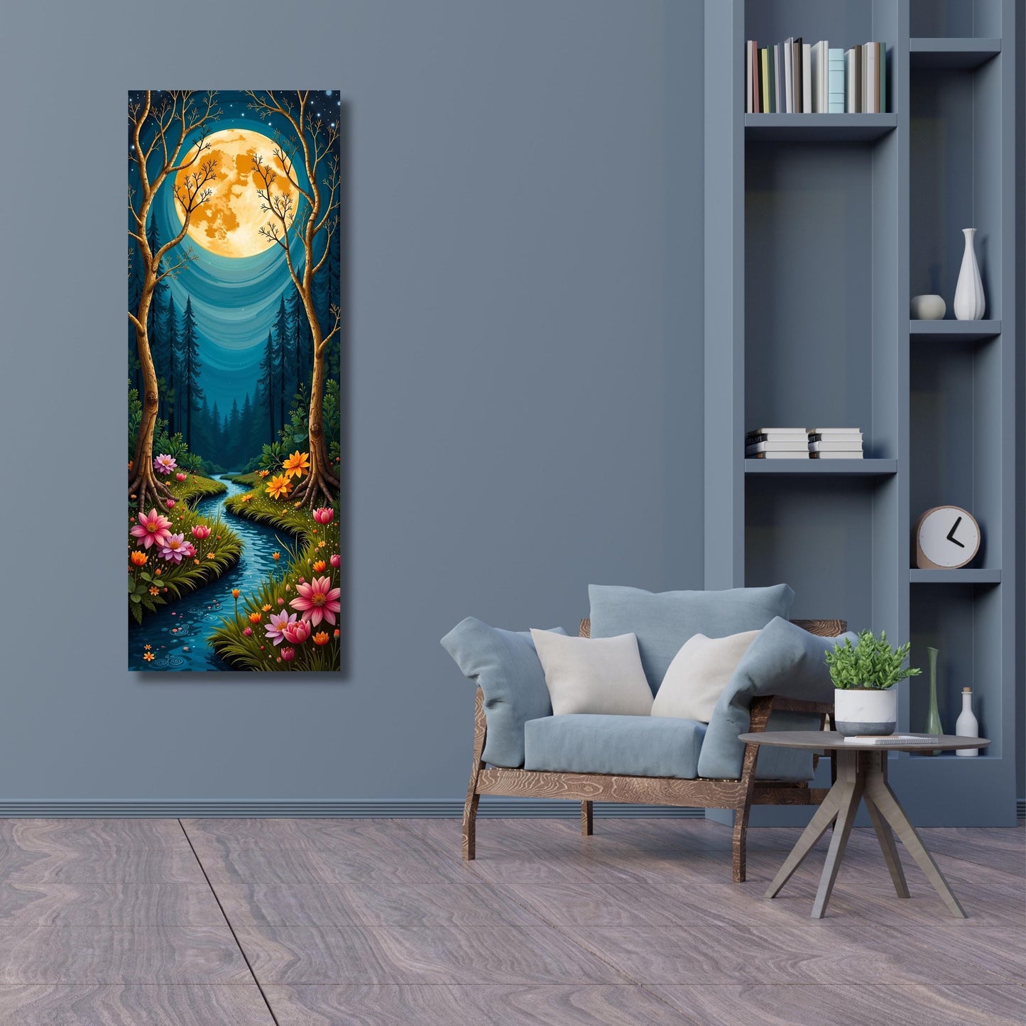 Gustav Klimt Style Magical Forest Canvas Wall Art with Full Moon Sky and River Dreamy Nature Print for Bedroom or Living Room Wall Decor
