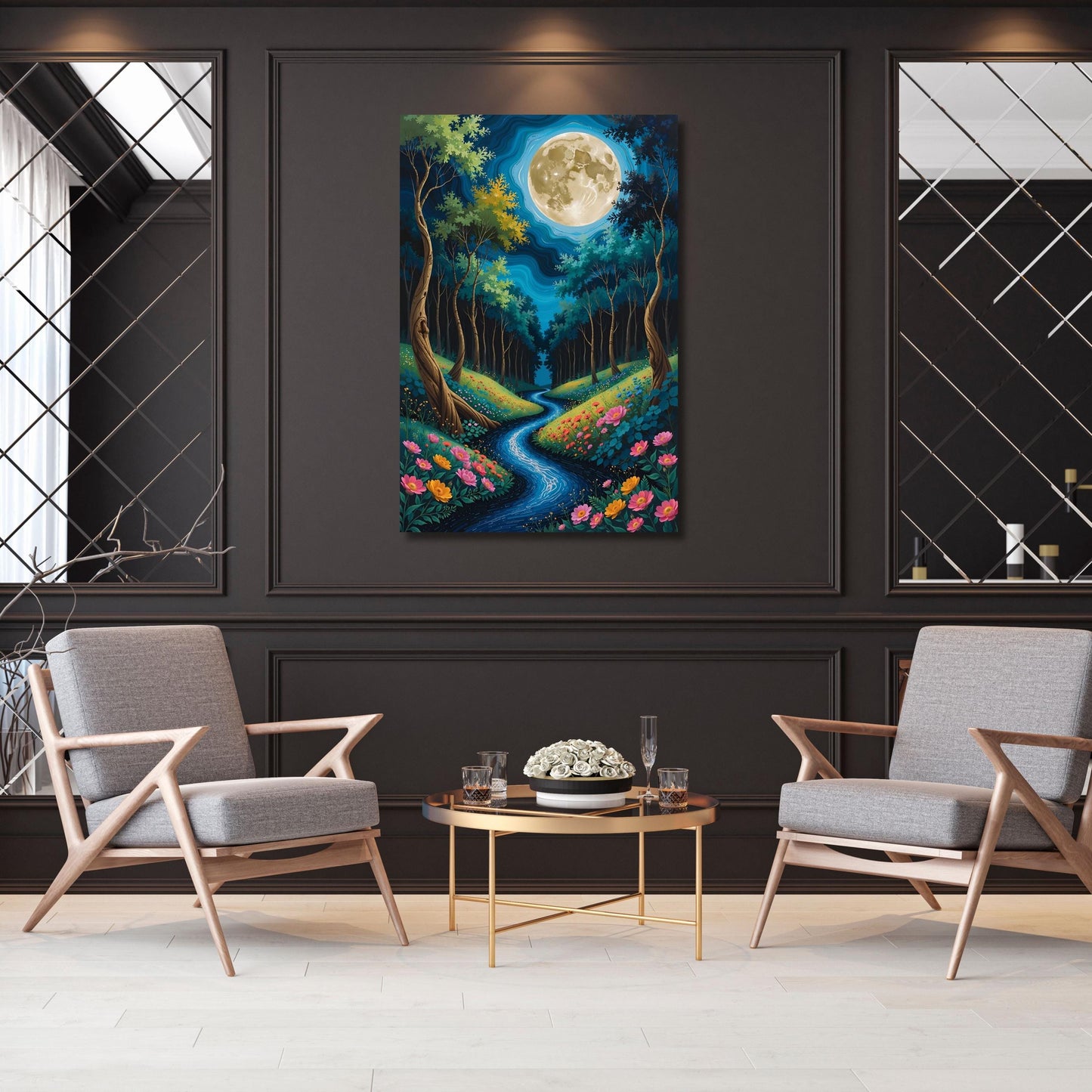 Gustav Klimt Style Magical Forest Canvas Wall Art with Full Moon Sky and River Dreamy Nature Print for Bedroom or Living Room Wall Decor art