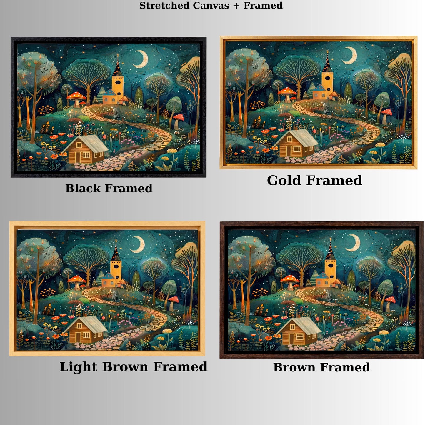 Klimt Style Whimsical Night Village Canvas Wall Art – Moonlit Forest Landscape Fantasy Decor