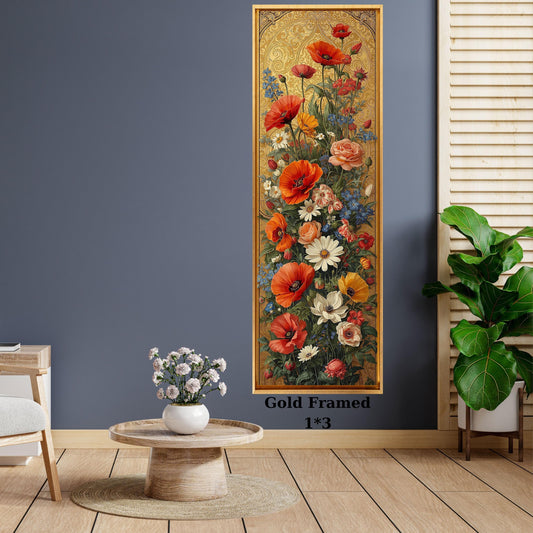 Long Narrow Golden Floral Abstract Canvas Art, Elegant Poppy & Rose Vertical Wall Decor, Framed  Luxury Flower Poster, Tall Narrow Wall Art