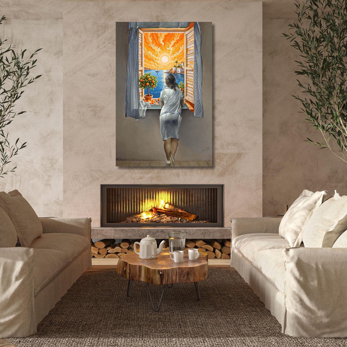 Girl at the Window Canvas Wall Art in Dalí and Matisse Style Surreal Colorful Abstract Print for Modern Artistic Interior or Gallery Wall