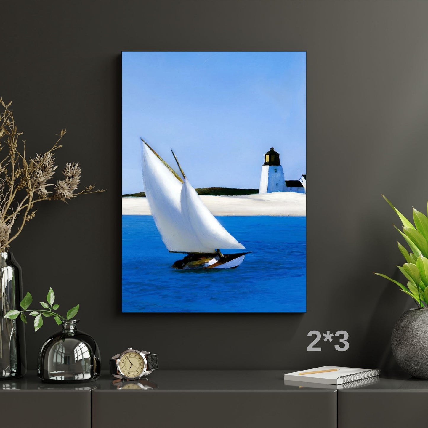 Edward Hopper Style Canvas Art,The Long Leg Reimagined,Vertical Sailing Wall Decor, Modern Nautical Lighthouse Print, Tall Coastal Wall Art