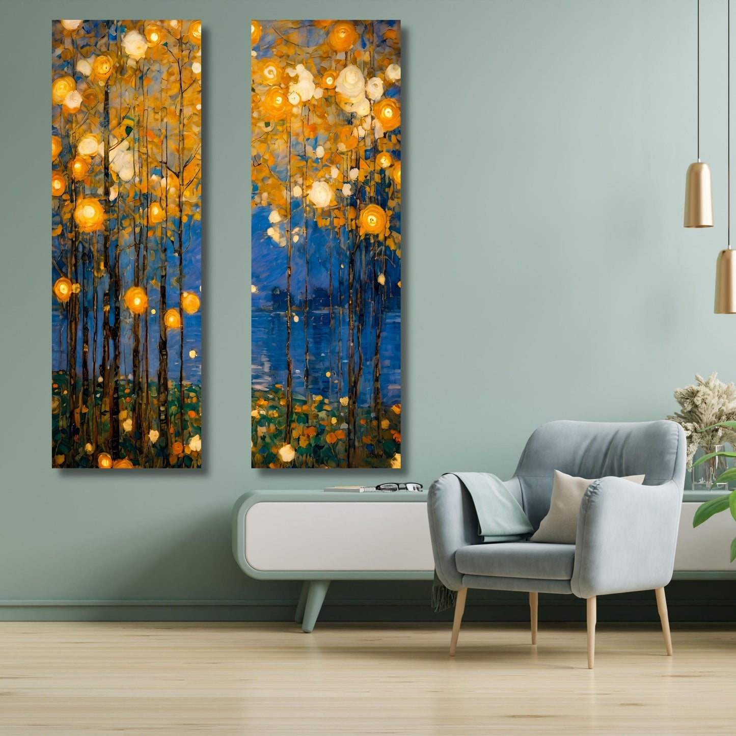 Set of 2 Tall Narrow Vintage Nature Canvas Wall Art  Long Vertical Forest Dining Room, Living Room, Office Print Long and Narrow Wall Art