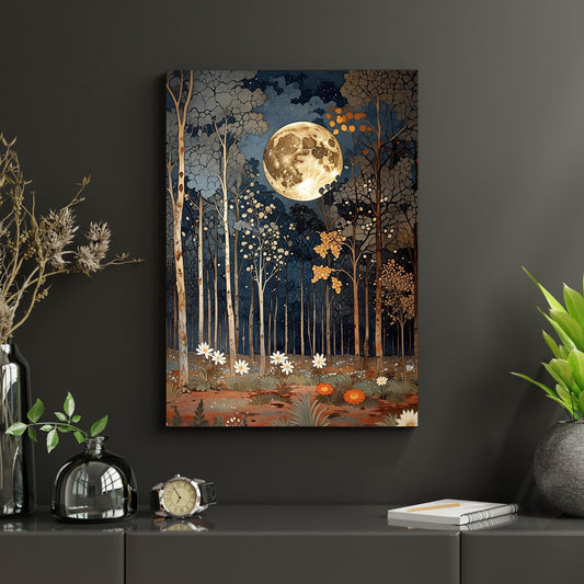 Full Moon Wildflower Canvas, Flower Garden Flower Market canvas, Moonlit Pine Tree Forest wall Art, Rustic Mountain Art, Woodland Klimt Gift