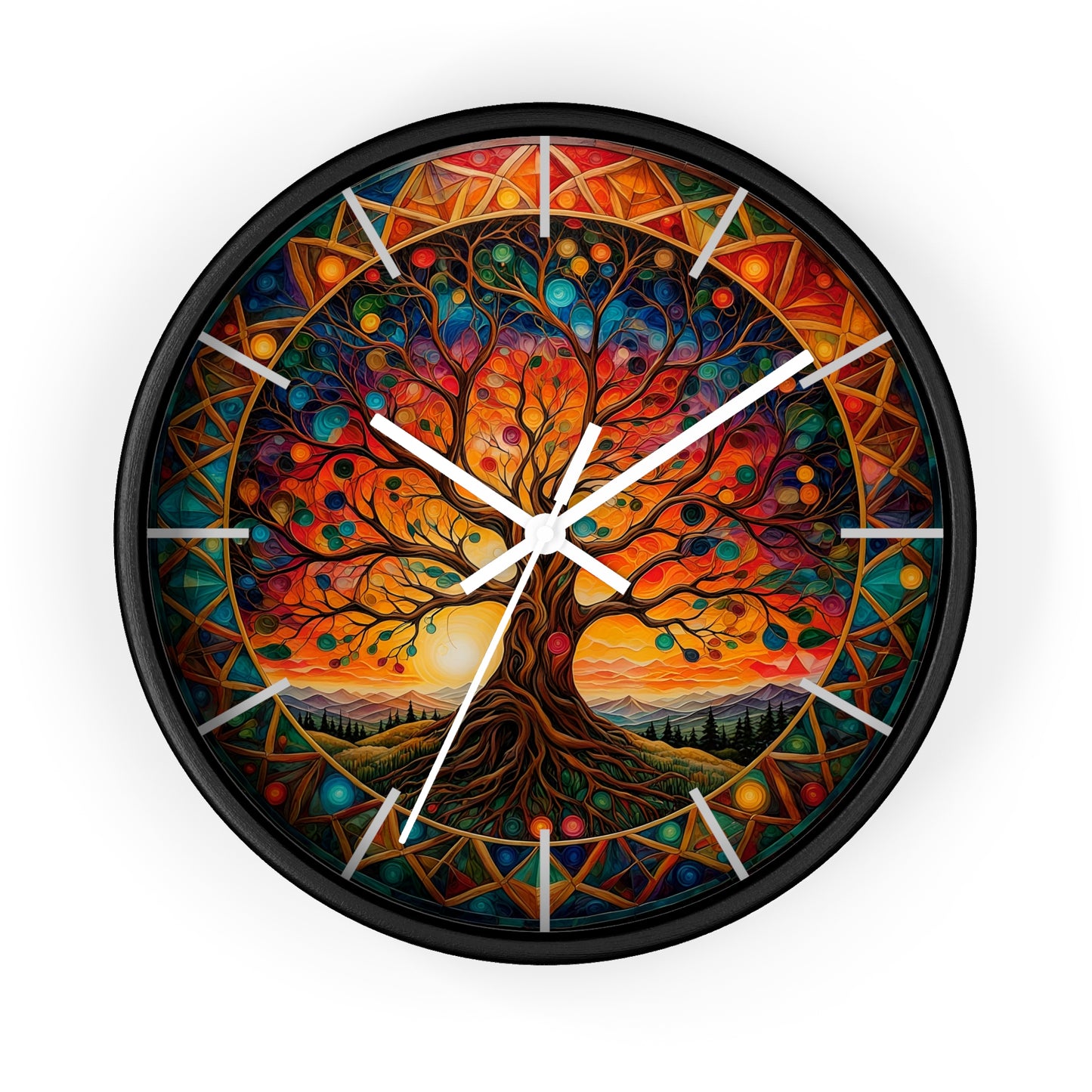 Colorful Tree of Life Wall Clock | Stained Glass Mandala, Sunset Landscape