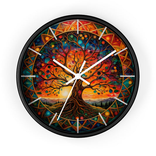 Colorful Tree of Life Wall Clock | Stained Glass Mandala, Sunset Landscape