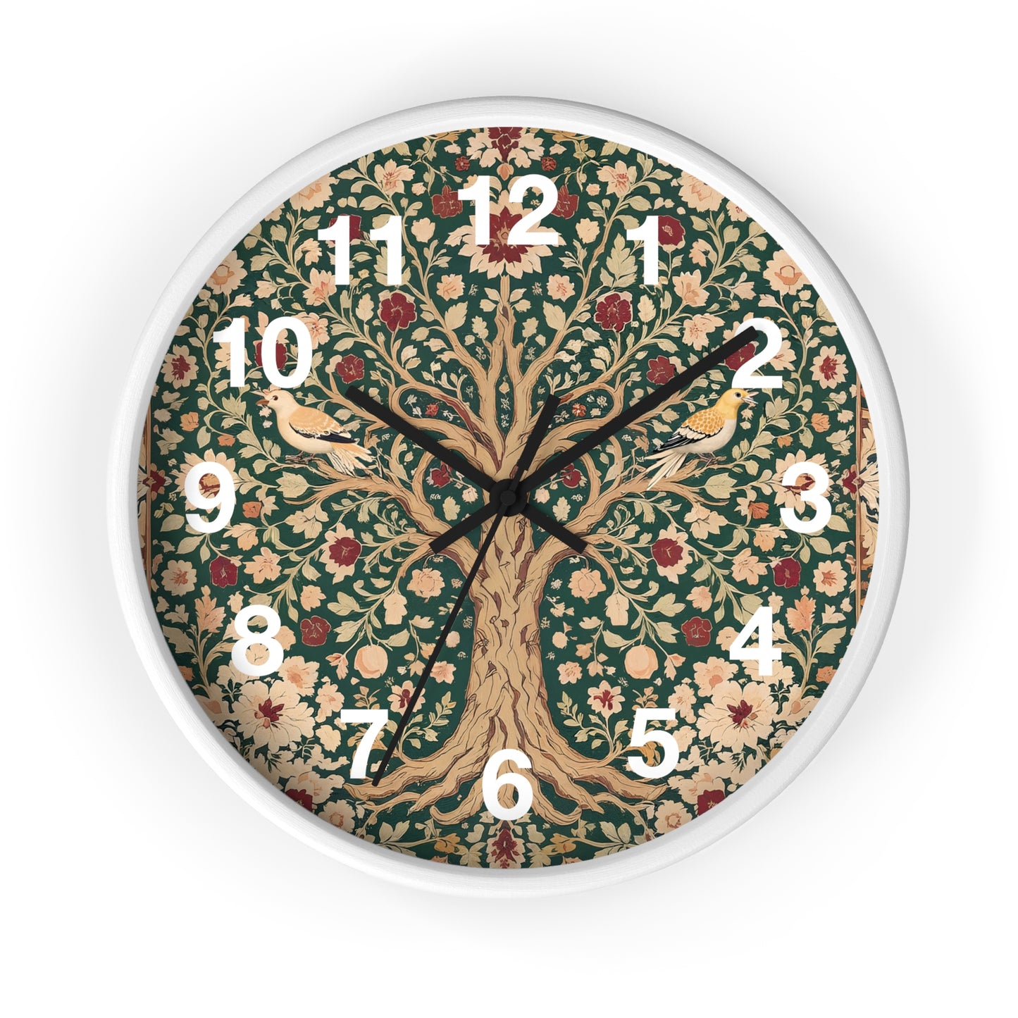Floral Tree of Life Wall Clock | Vintage Botanical Design, Green & Red