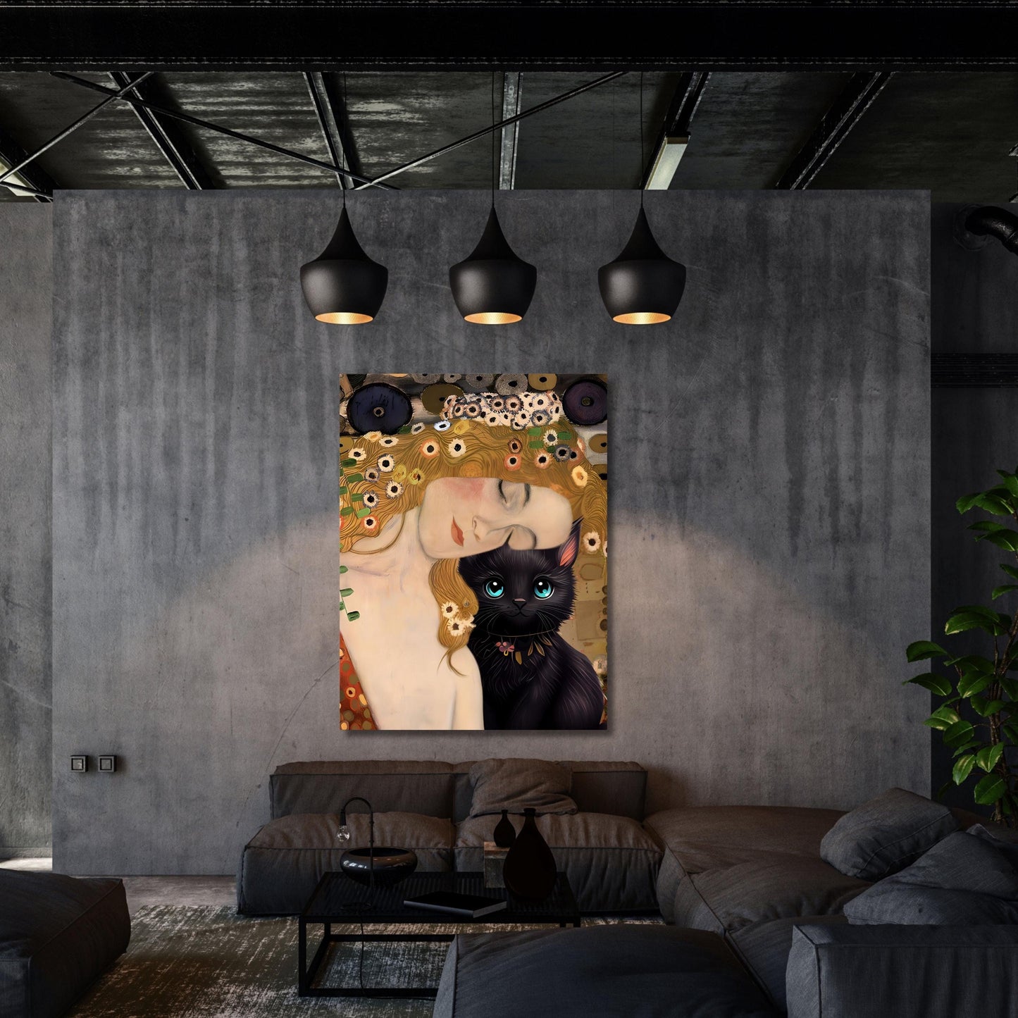 Gustav Klimt Inspired Mother and Cat Canvas – Whimsical Art Nouveau Style Wall Art – Cozy Decorative Print for Home or Nursery poster canvas
