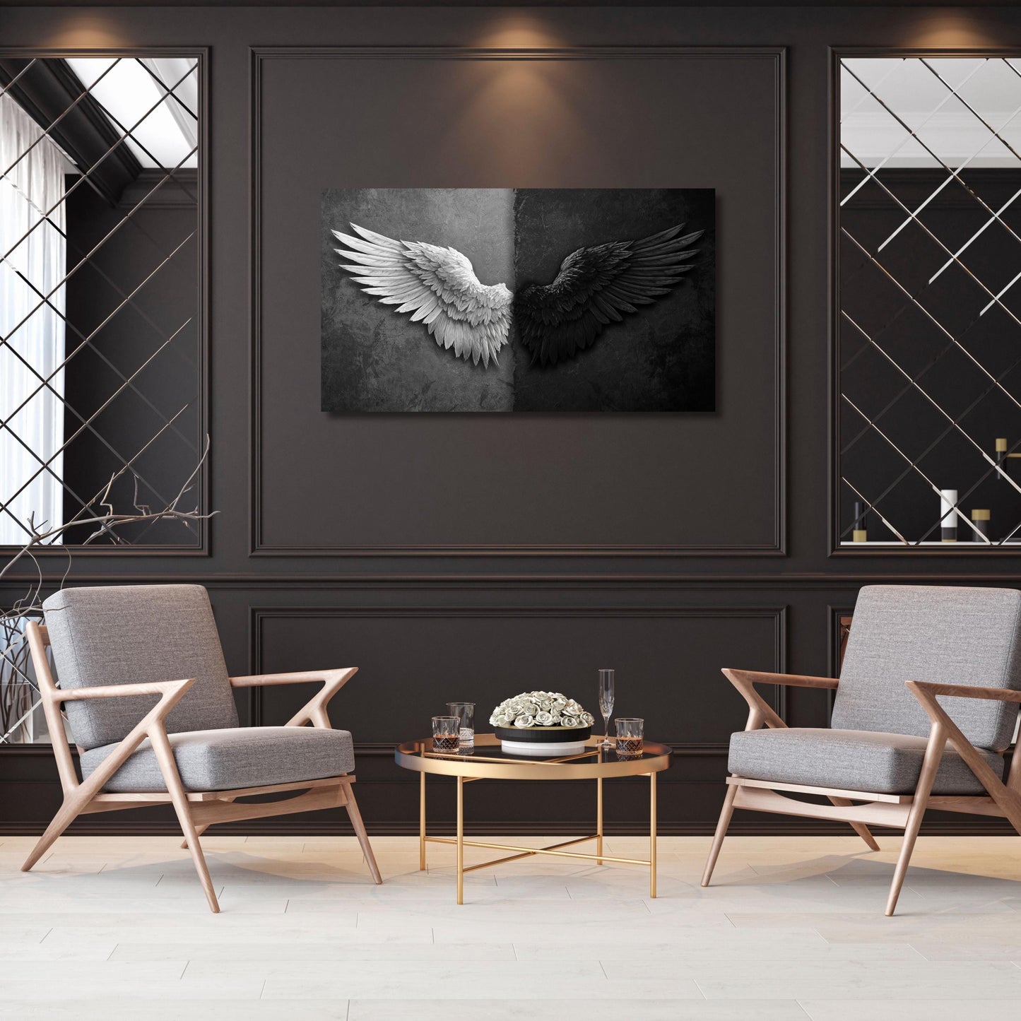 a modern living room with a large wall art piece depicting two angel wings, one white and one black, hanging above a round coffee table with two chairs.