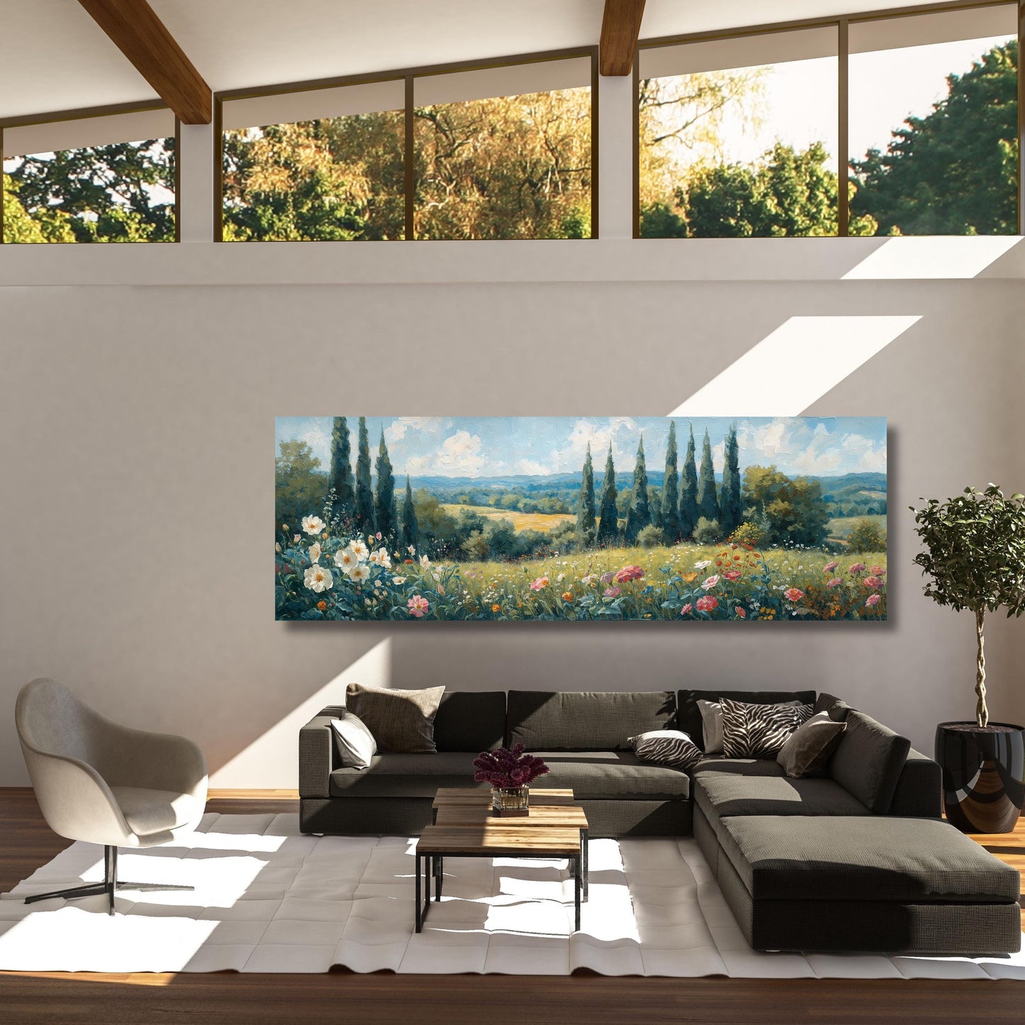 Horizontal Large Framed Canvas Art, Oversize Nature Print with Elegant Wood Frames, Modern Wall Hangings Klimt Inspired Botanical Landscape,