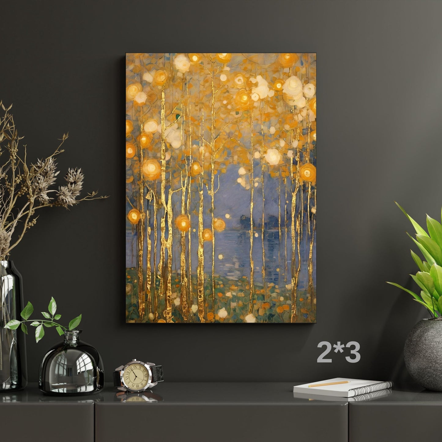 Set of 3 Gustav Klimt style Gold Night Canvas Wall Art Moon Stars Canvas Wall Art Modern Living Room Flowers Night Sky